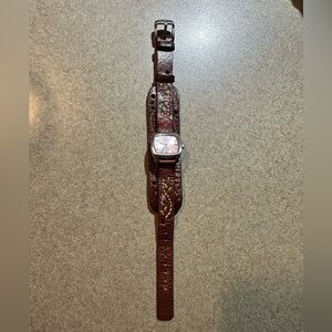 Fossil Women JR-8780 White Dial Date Brown Leather Cuff Band Quartz Watch 7"